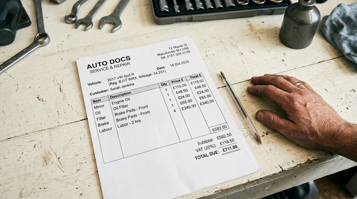 Facture de réparation automobile détaillée posée sur un établi d'atelier