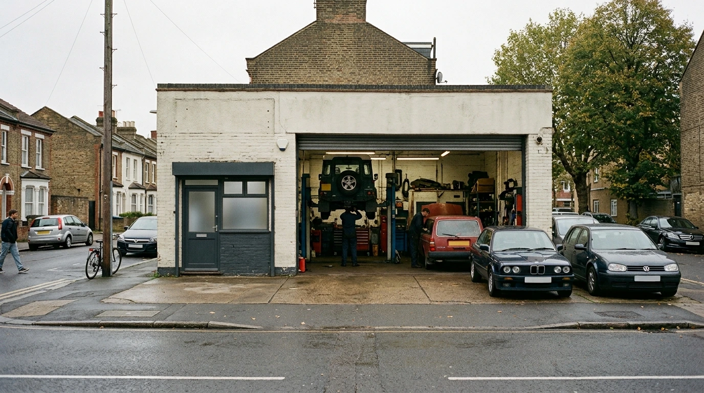 Devanture d'un garage indépendant ouvert, vue depuis la rue