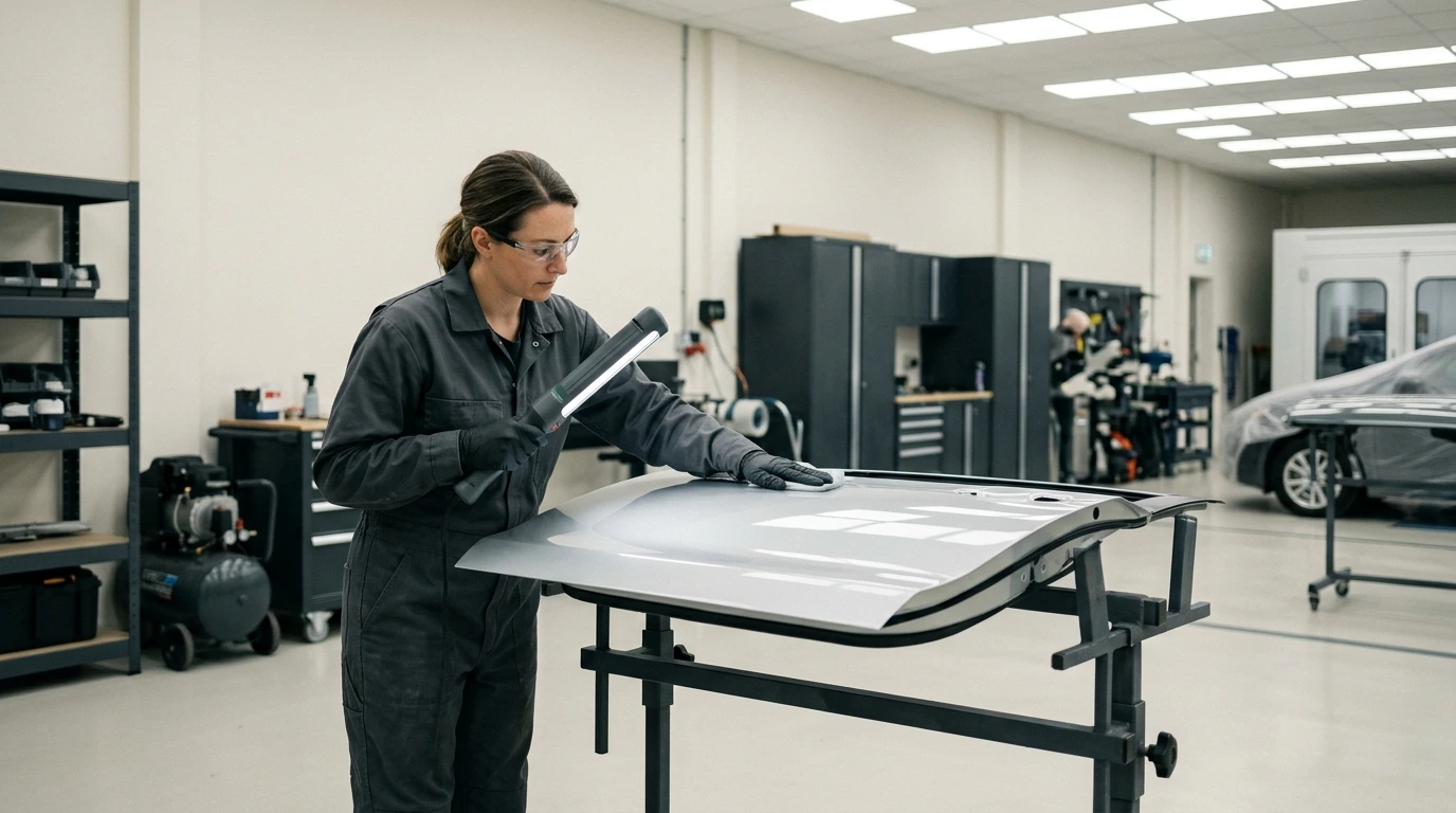 Atelier de carrosserie automobile propre et bien éclairé