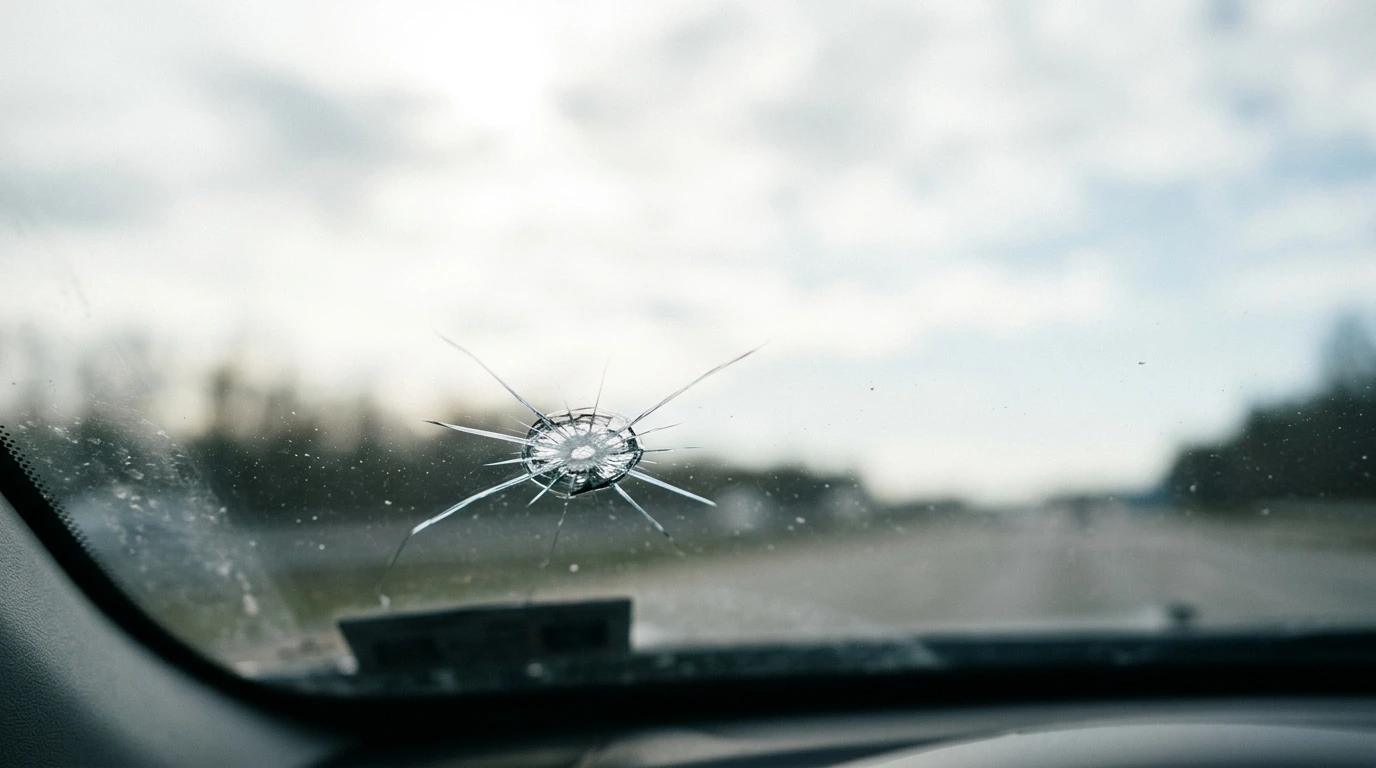 Impact sur un pare-brise, réparable par injection de résine