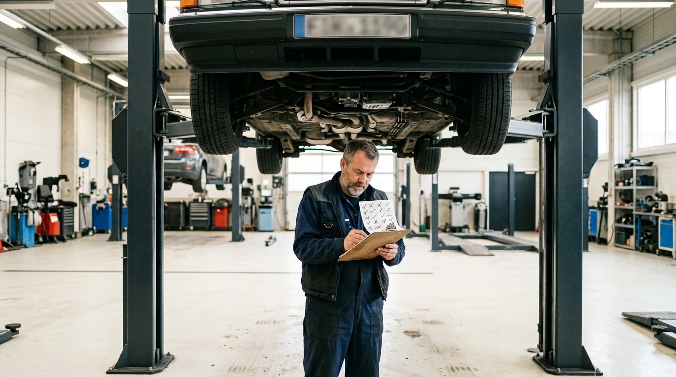 Véhicule sur un pont de contrôle technique automobile