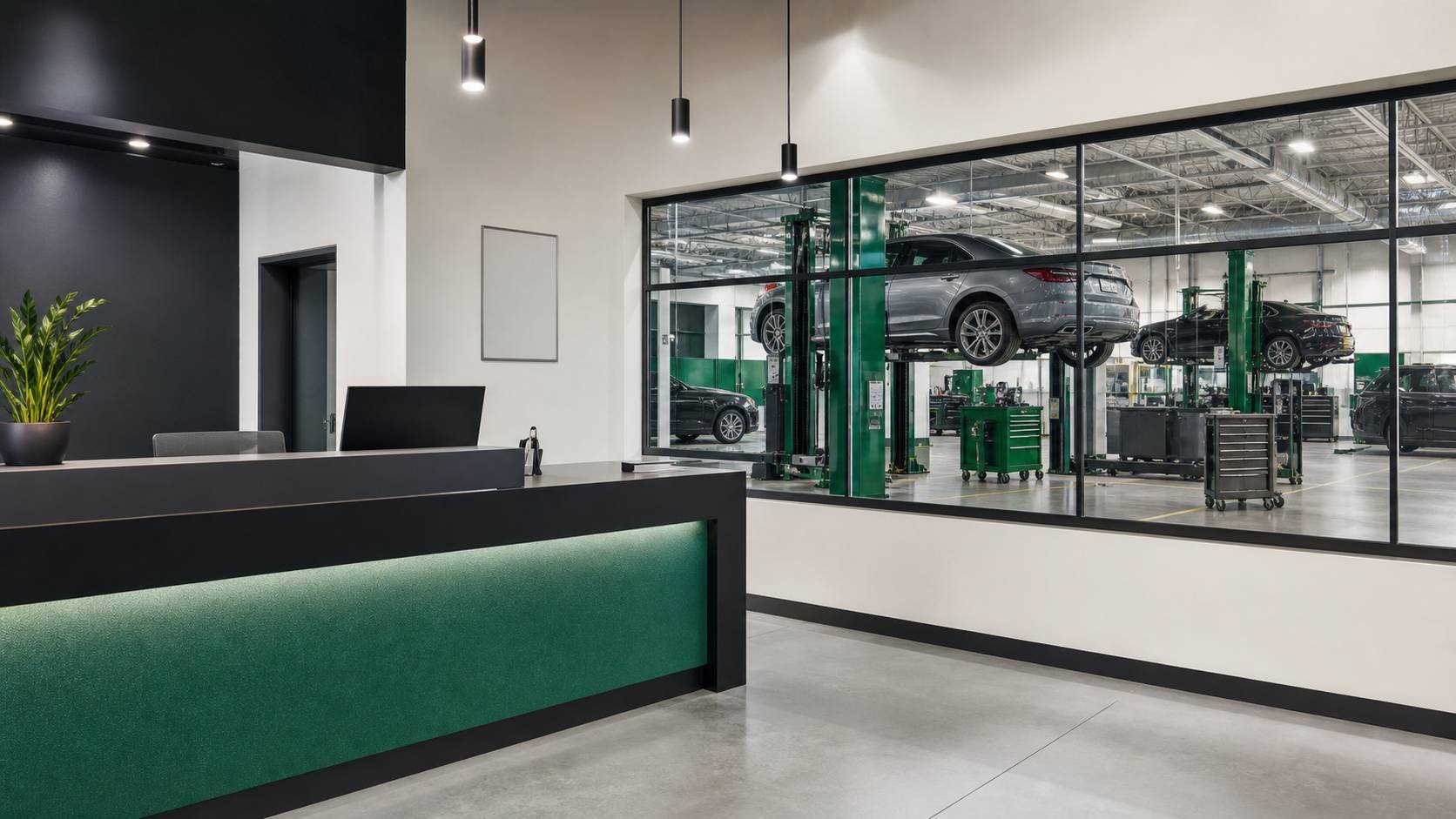 Zone d'accueil de garage avec vitre donnant sur l'atelier et véhicules