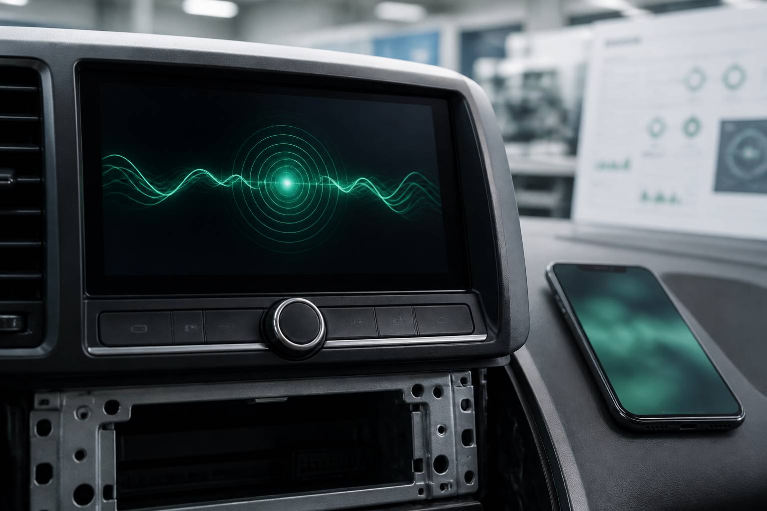 Gros plan sur l'écran d'un autoradio affichant une connexion abstraite avec un téléphone