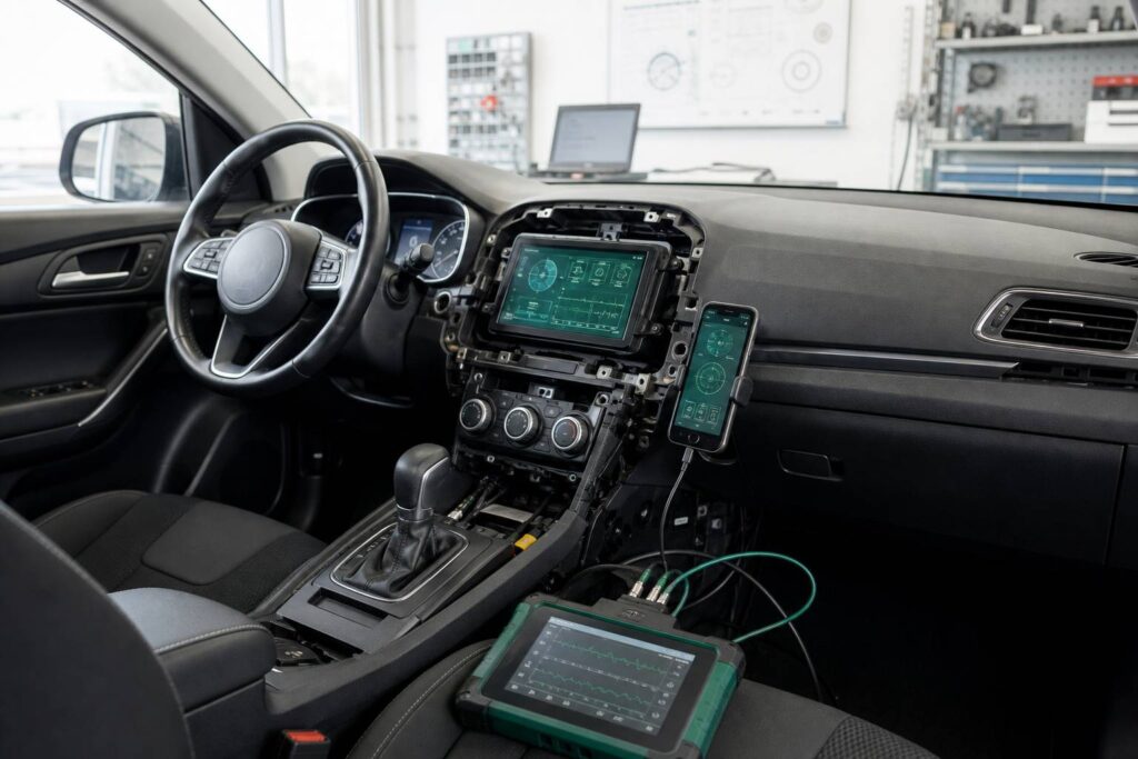Habitacle de voiture avec un autoradio à écran et un smartphone posé à proximité