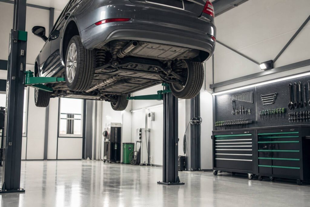 Atelier automobile propre avec véhicule sur pont et berceau de voiture en acier visible sous le châssis