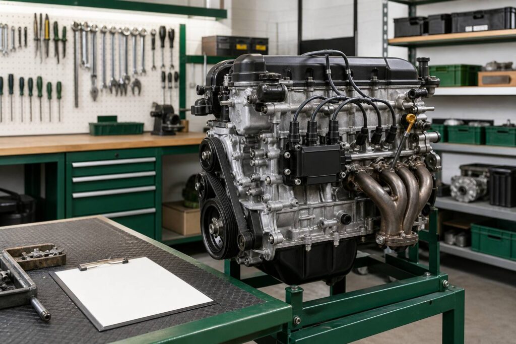 Bobine d'allumage sur un moteur essence dans un atelier éclairé
