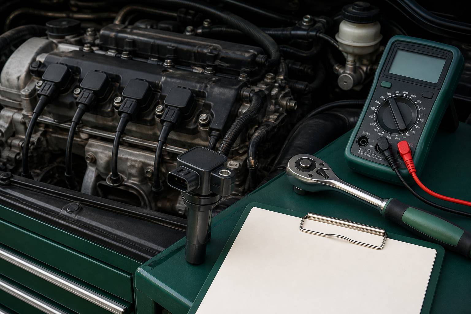 Bobine d'allumage avec câbles et multimètre dans un moteur