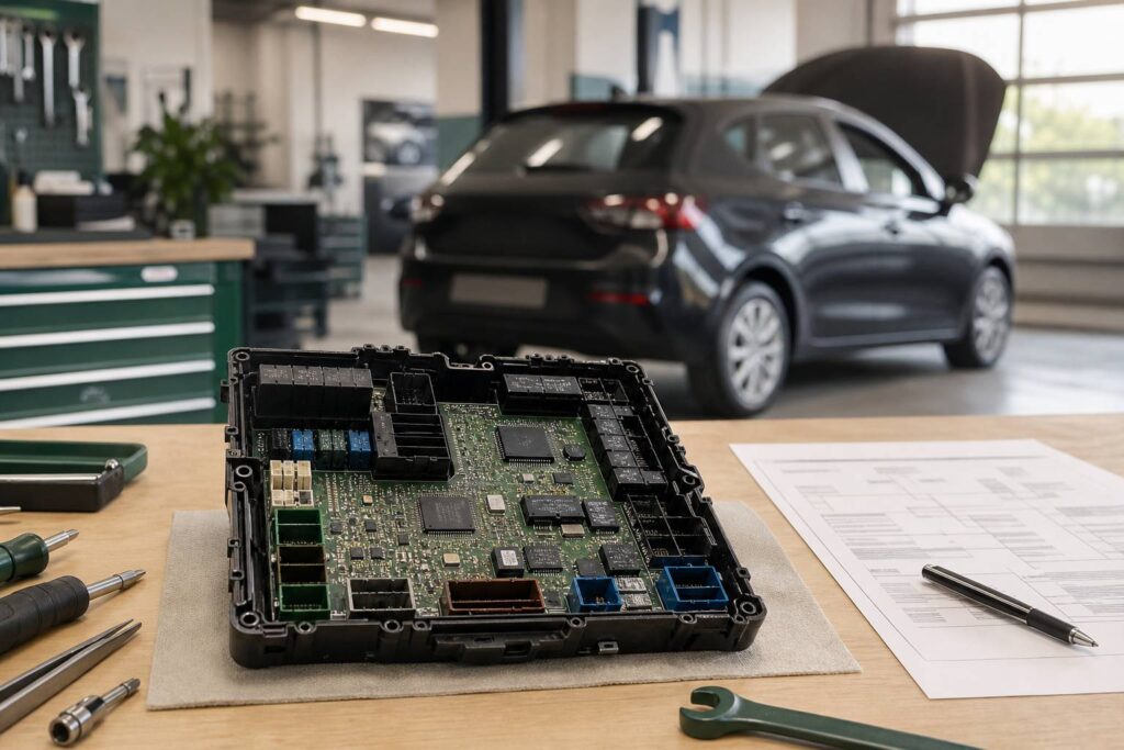 Boîtier électronique BSI de voiture ouvert avec sa carte de circuits dans un atelier