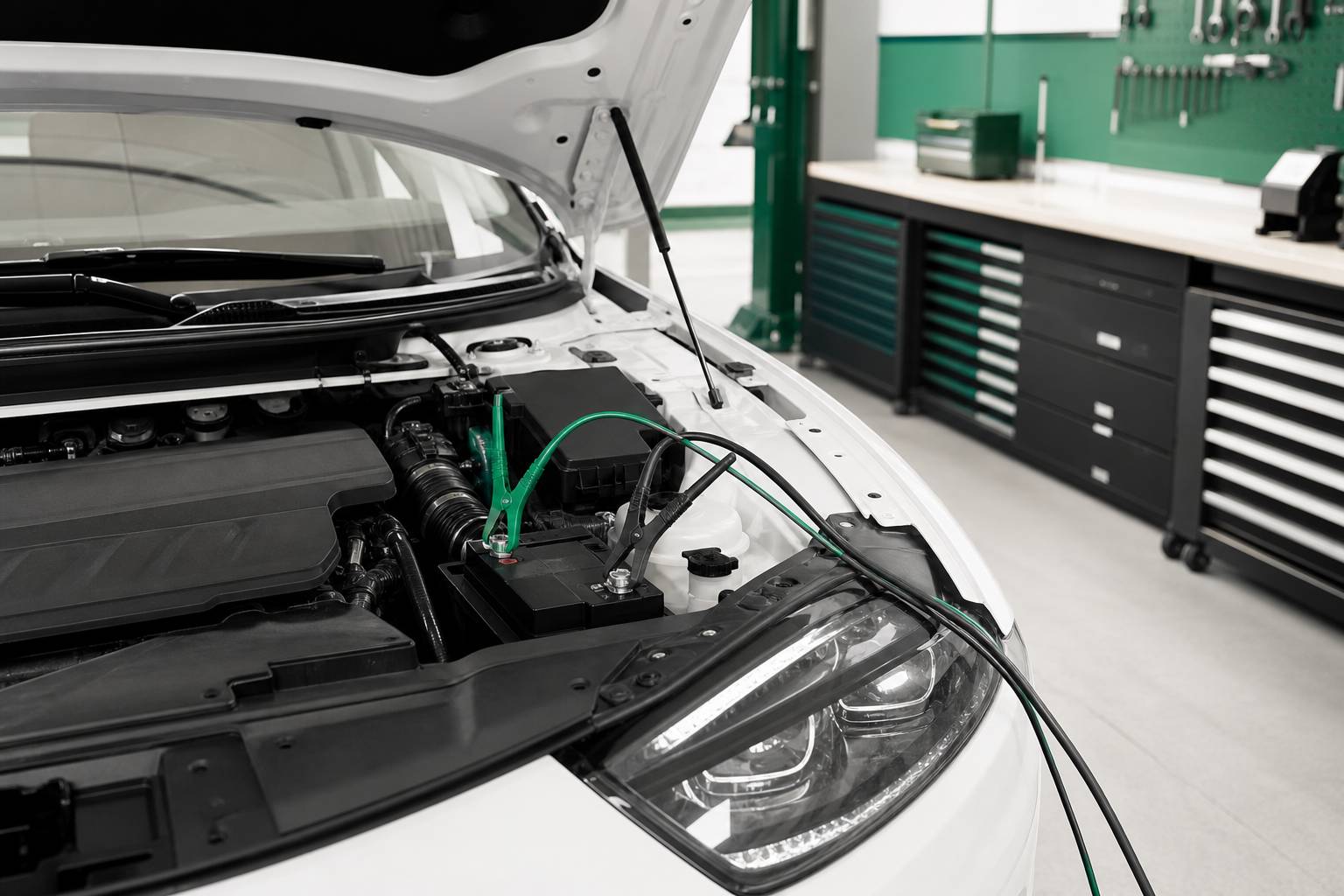 Câbles de démarrage reliés à une batterie de voiture capot ouvert