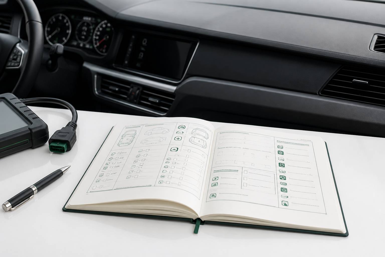 Carnet d'entretien avec relevés posé près d'un tableau de bord