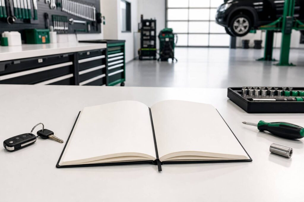 Carnet d'entretien de véhicule ouvert sur un plan de travail de garage