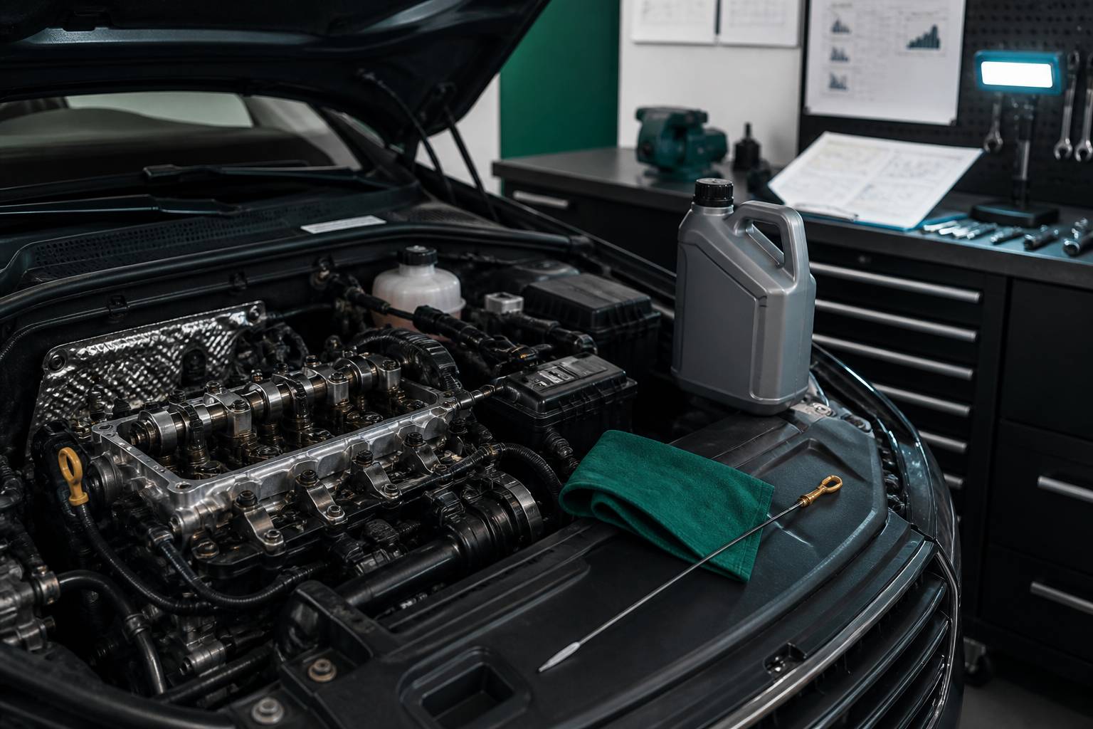 Jauge d'huile et bidon d'huile moteur dans un compartiment moteur de voiture