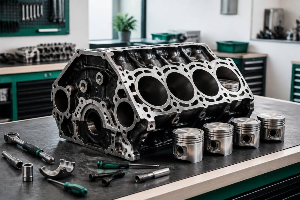 Bloc-cylindres de moteur avec pistons posé sur un établi d'atelier