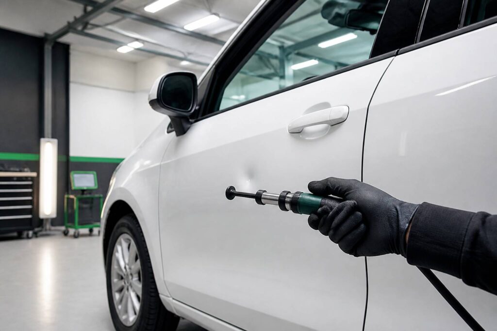 Portière de voiture avec impact sur la tôle et outil de débosselage