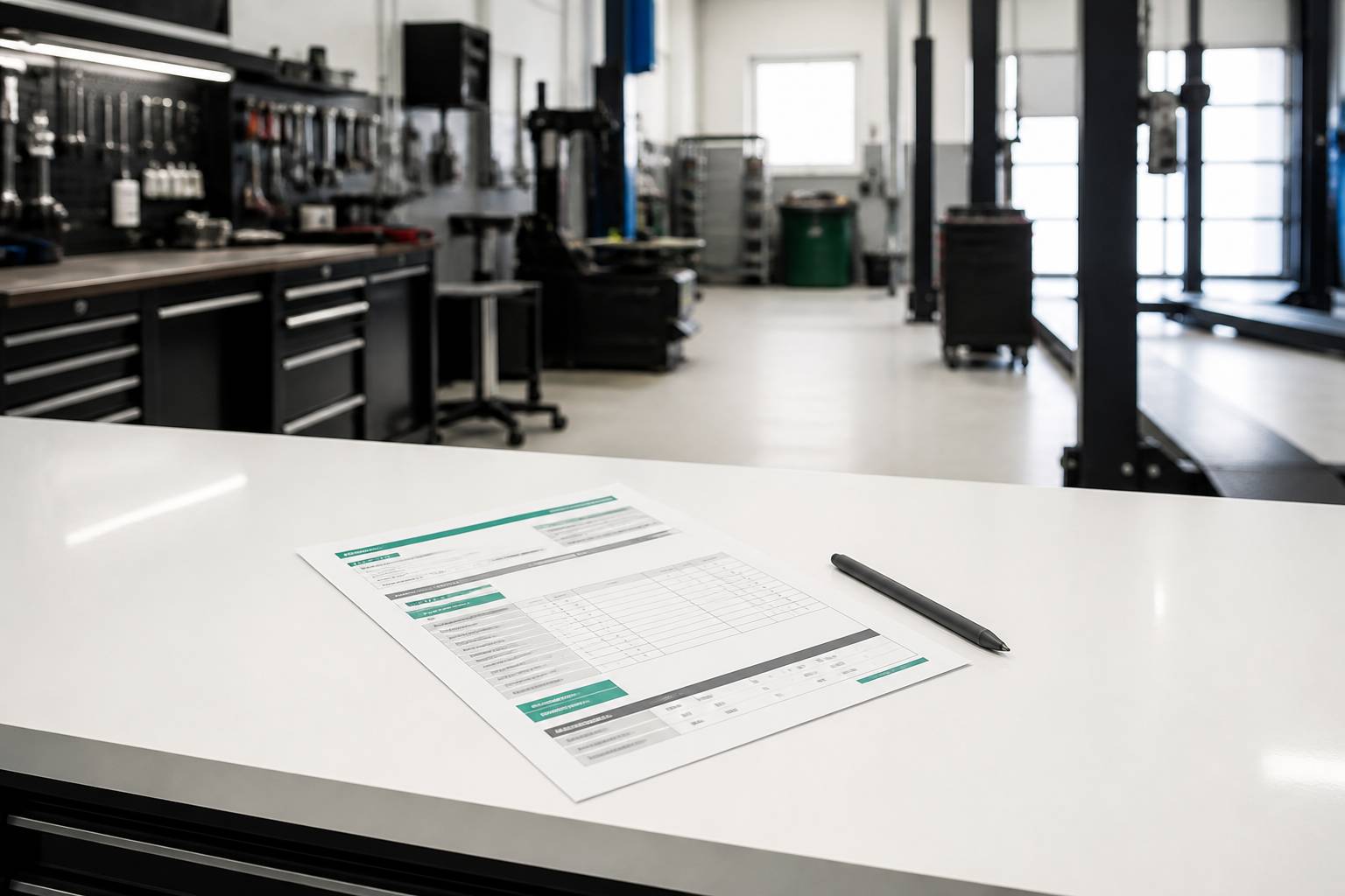 Devis de réparation automobile avec colonnes de prix sur un comptoir de garage