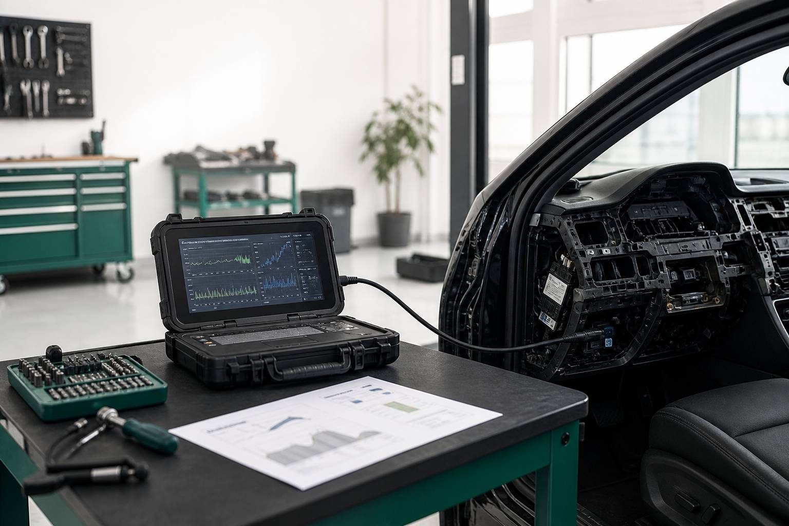 Valise de diagnostic électronique branchée sur une voiture dans un atelier mécanique