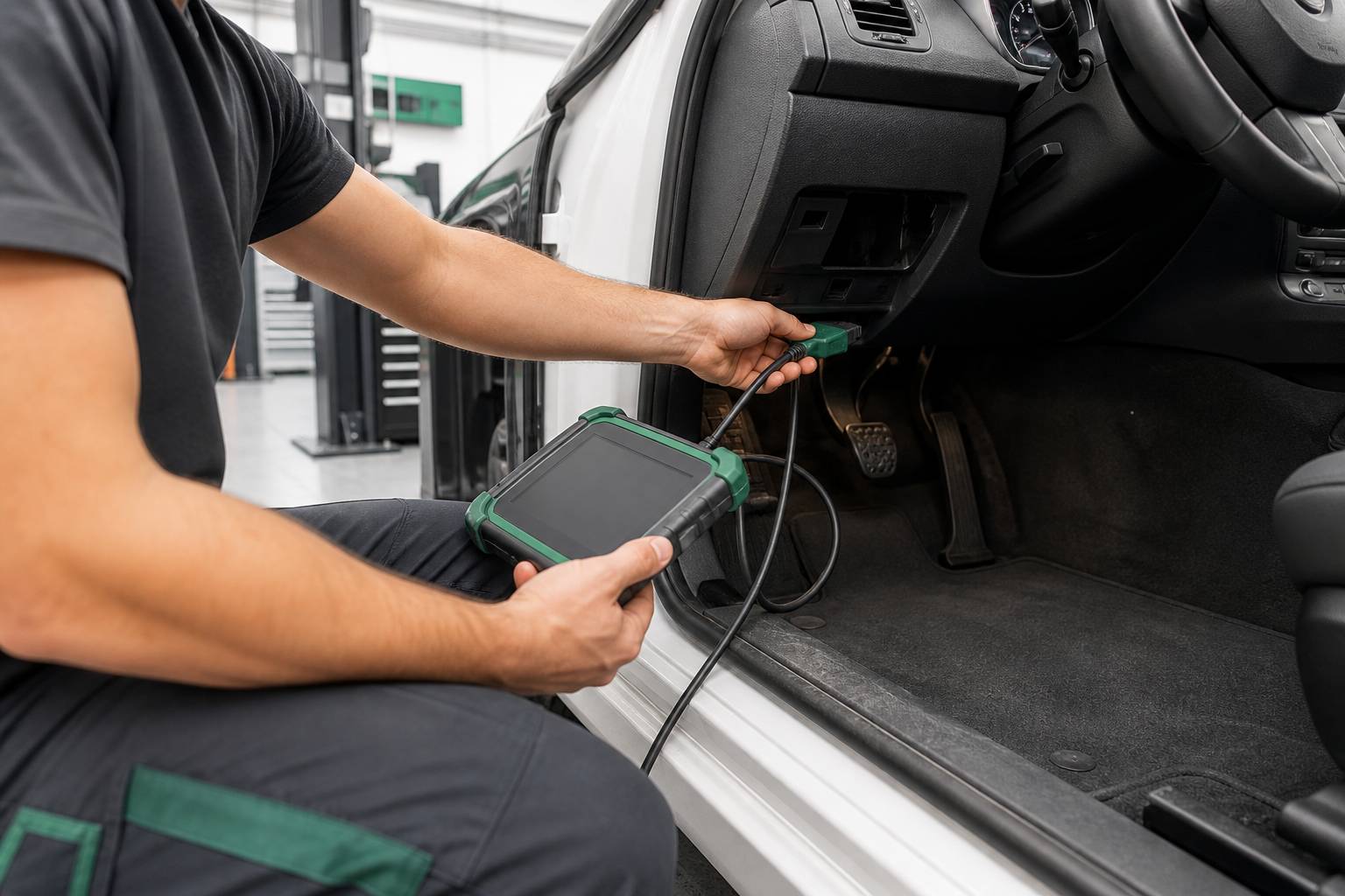 Technicien branchant un outil de diagnostic sur la prise d'une voiture