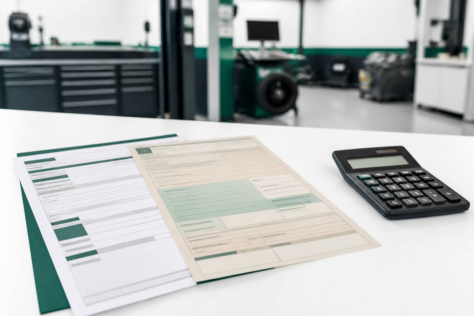 Documents administratifs automobiles rangés sur un bureau avec calculatrice