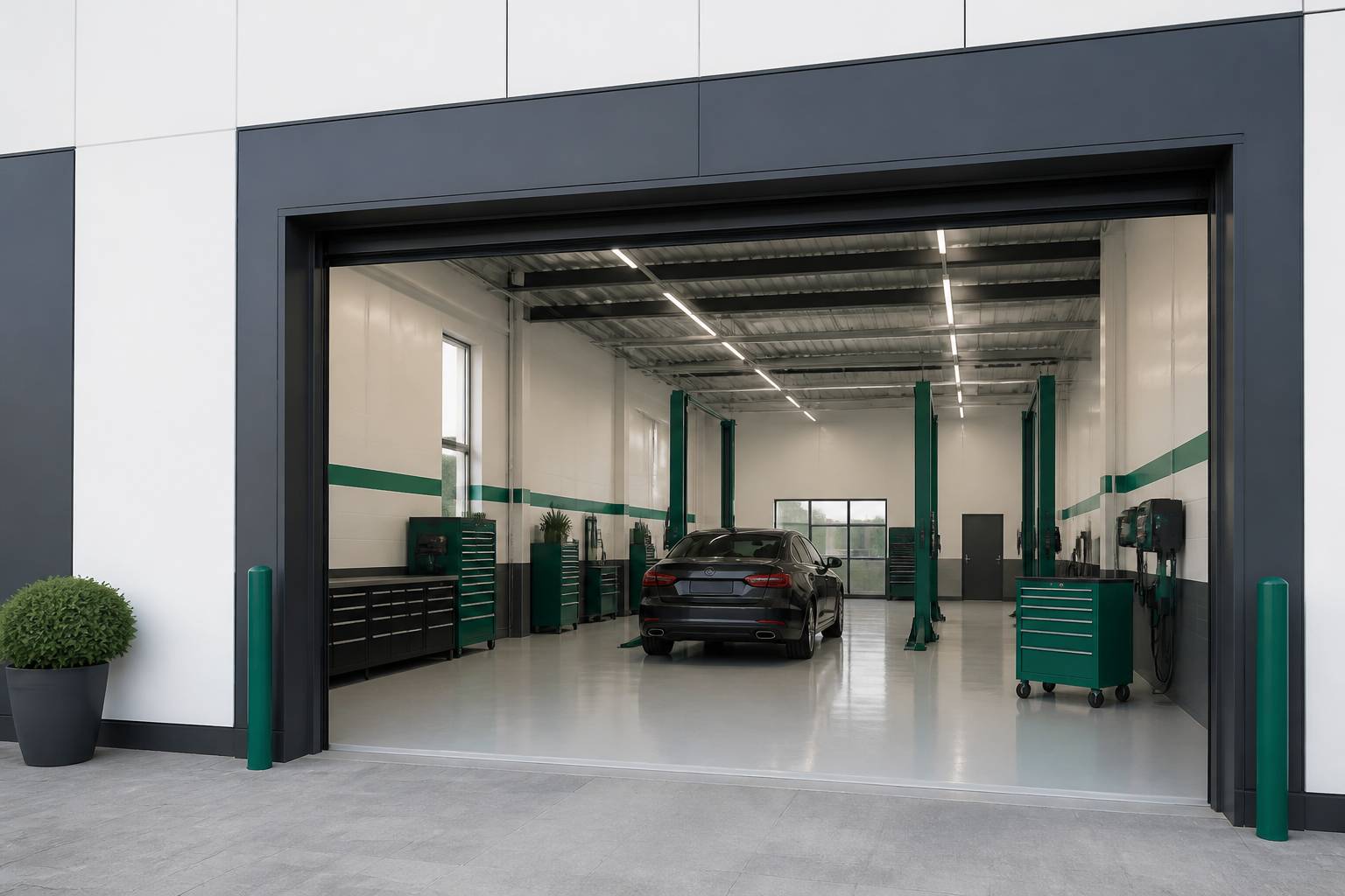 Entrée de garage moderne avec porte d'atelier ouverte et véhicule