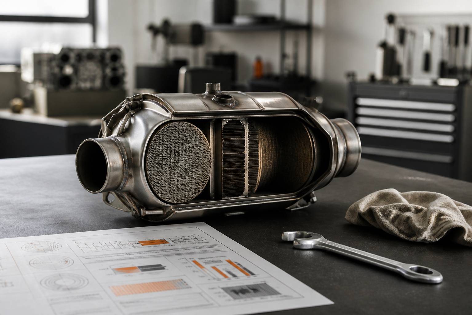 Filtre à particules et pièces mécaniques sur un plan de travail