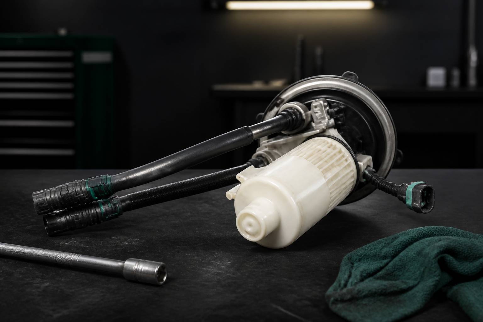 Filtre et durites d'une pompe à essence avec clé à douille