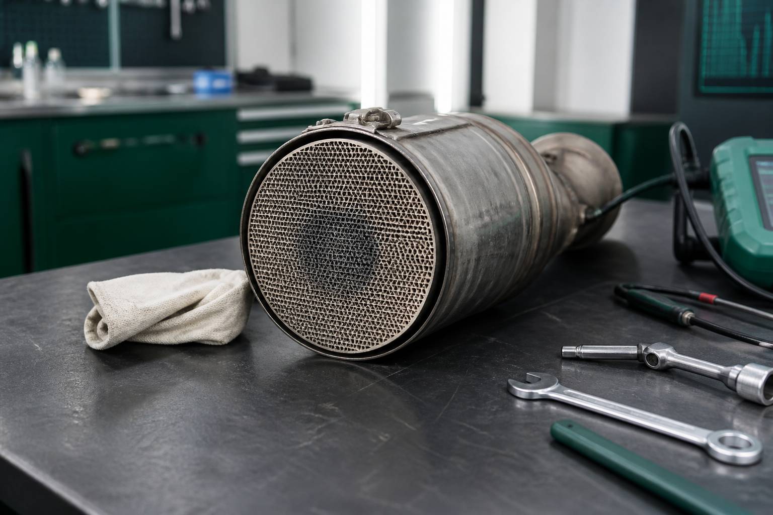 Filtre à particules en céramique alvéolée posé sur un établi d'atelier