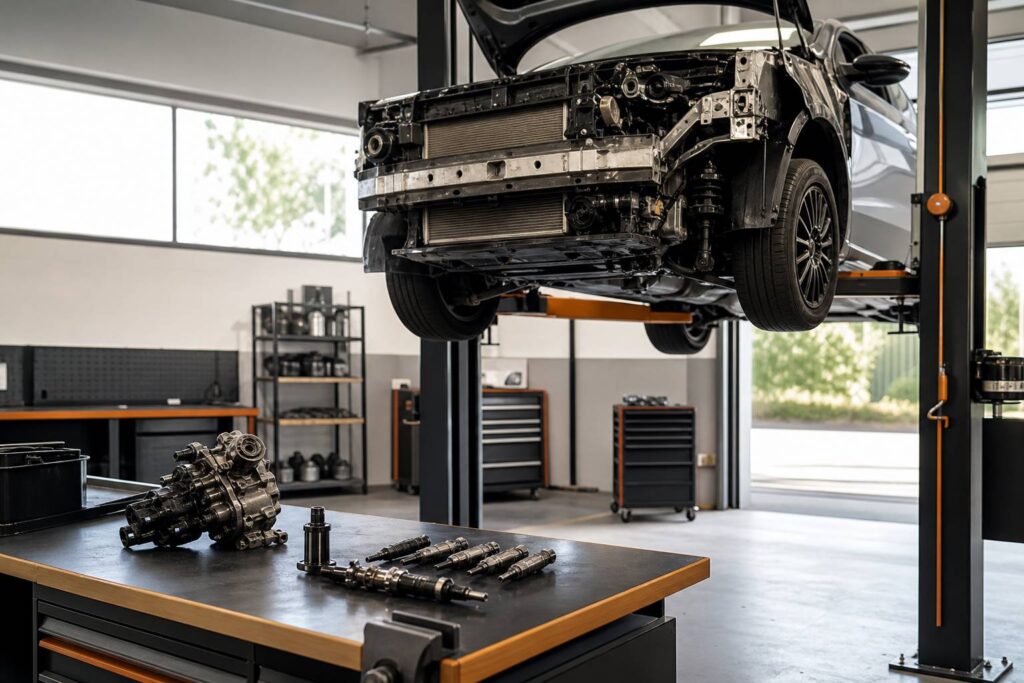 Atelier automobile avec voiture sur pont et pièces mécaniques