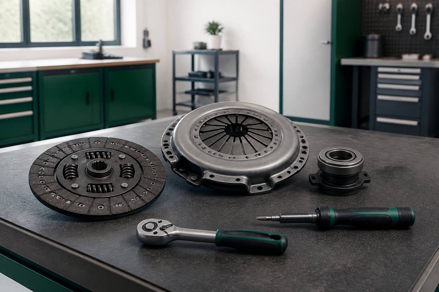 Kit d'embrayage neuf avec disque et mécanisme posé sur un établi d'atelier