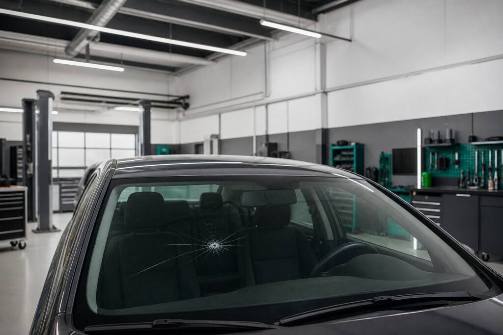 Pare-brise de voiture avec un impact en étoile sur le verre