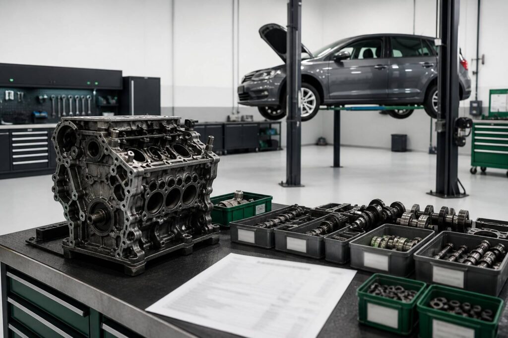 Atelier de mécanique avec moteur démonté et pièces détachées d'occasion triées en bacs