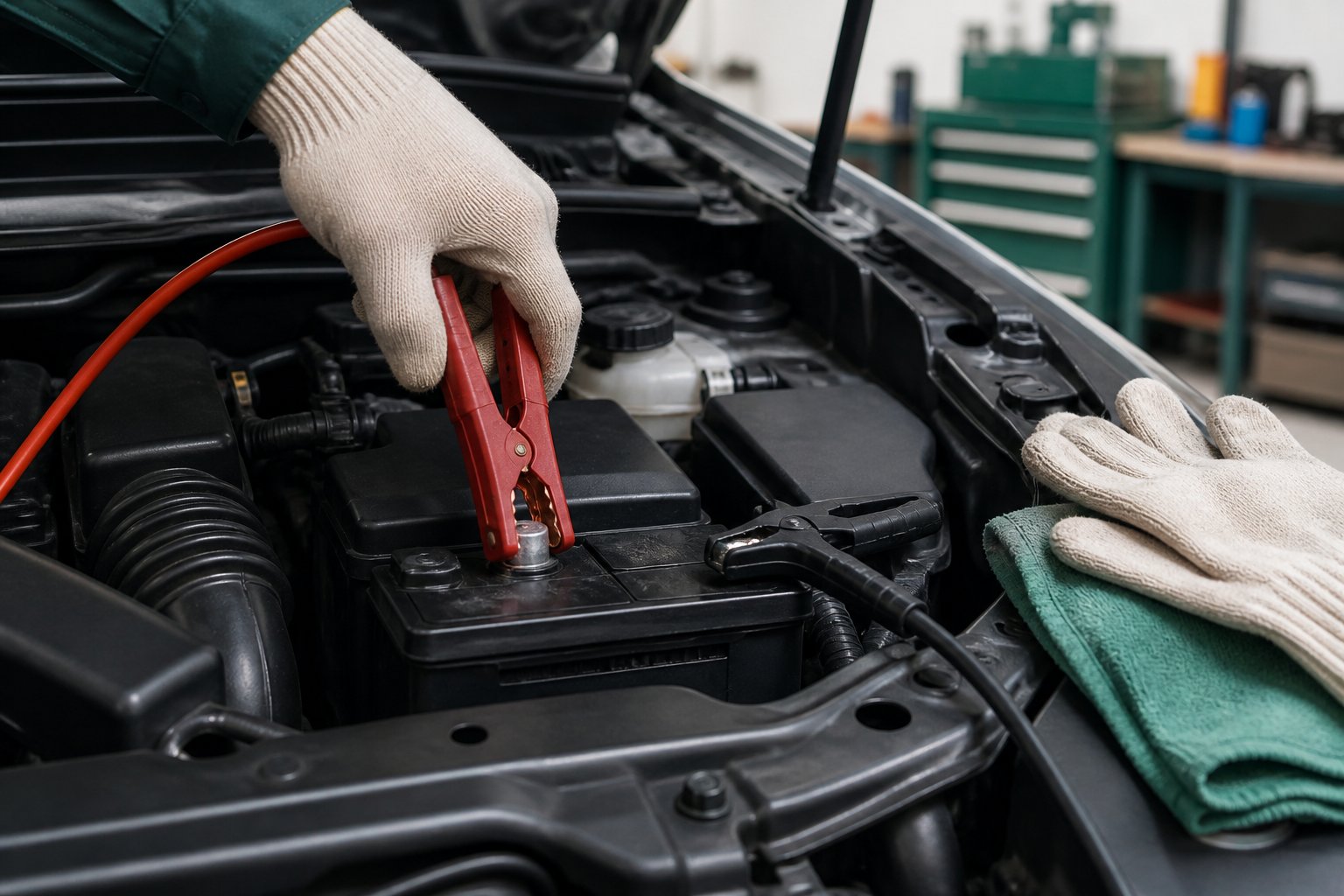 Main gantée fixant la pince rouge du câble de démarrage sur la borne positive