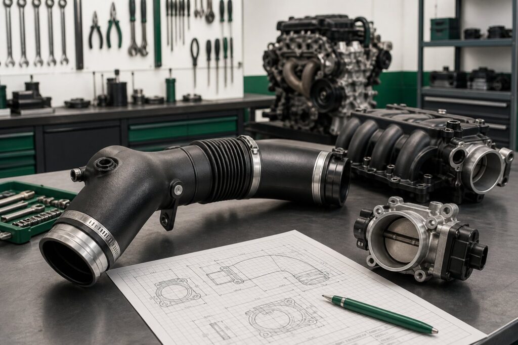 Pipe d'admission d'air posée sur un établi de garage avec collecteur et boîtier papillon