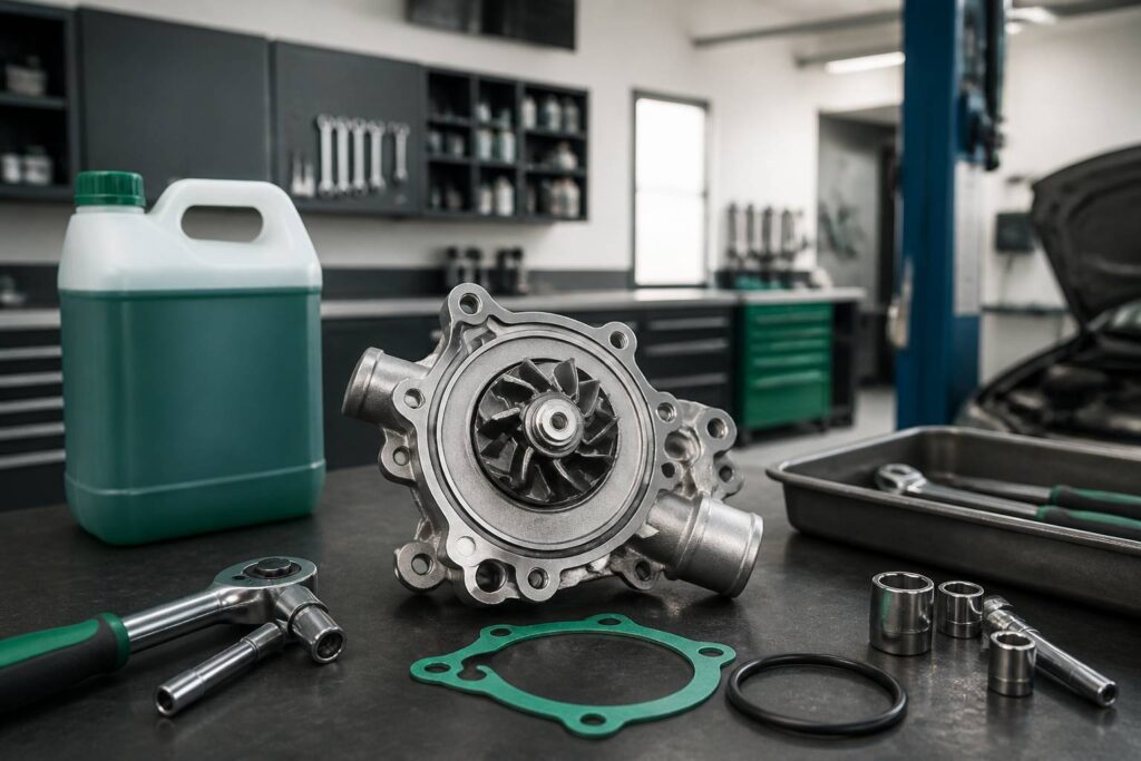 Pompe à eau automobile neuve sur un établi d'atelier avec liquide de refroidissement