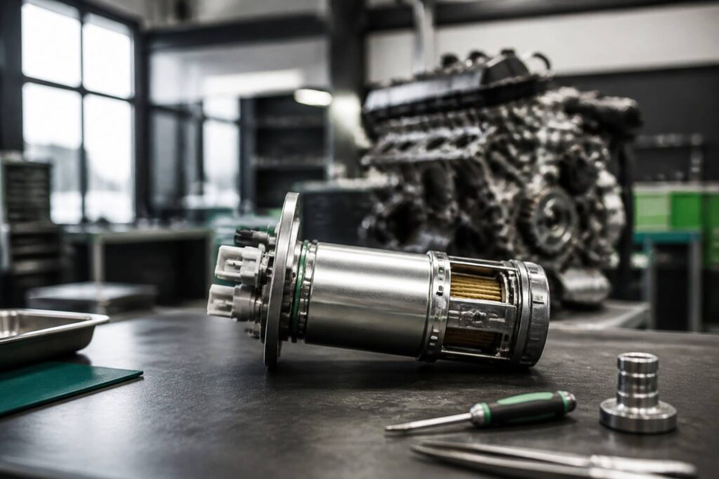 Pompe à carburant automobile posée sur un établi d'atelier avec outillage