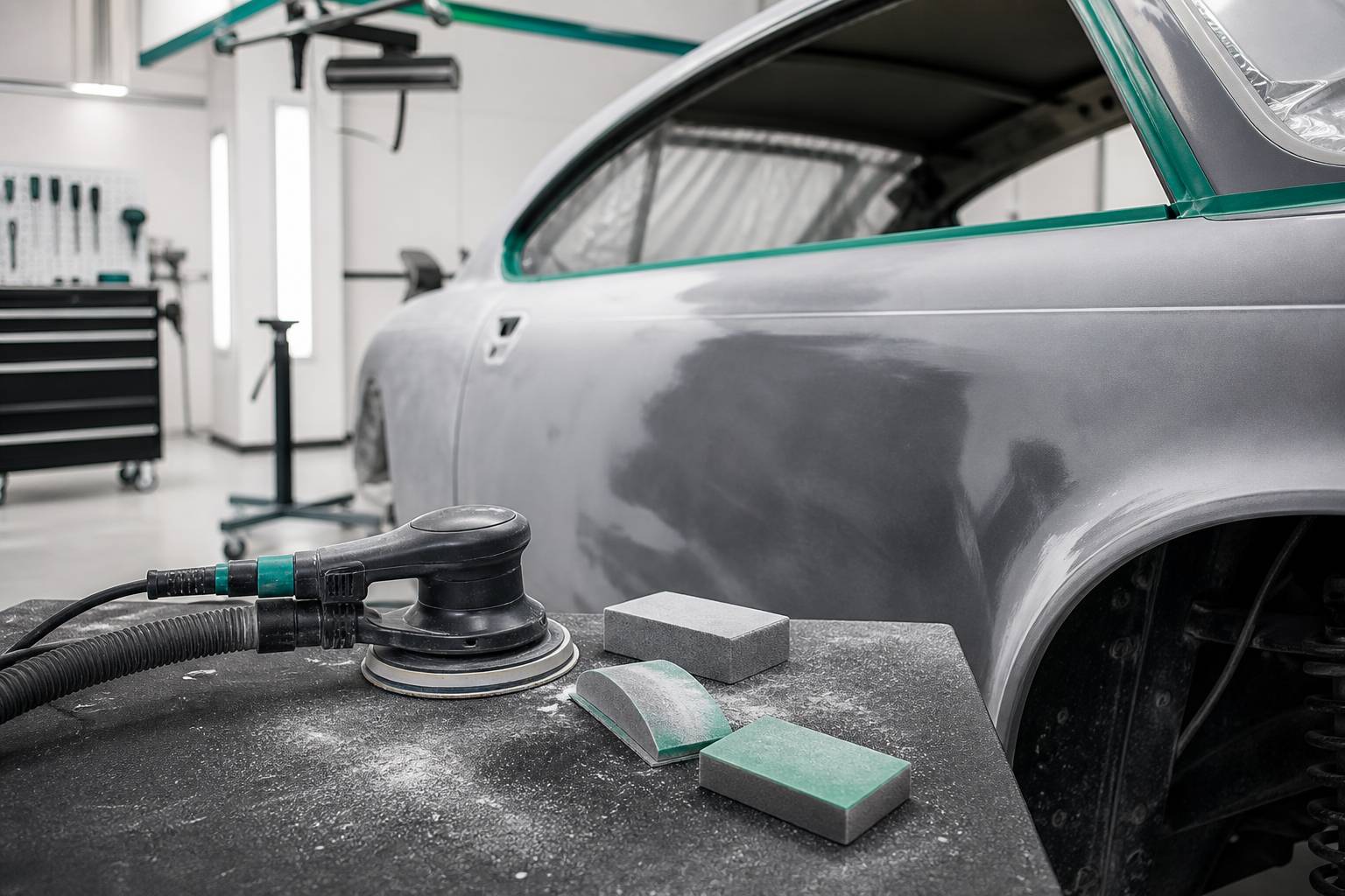 Ponceuse et blocs abrasifs près d'une carrosserie en cours de ponçage