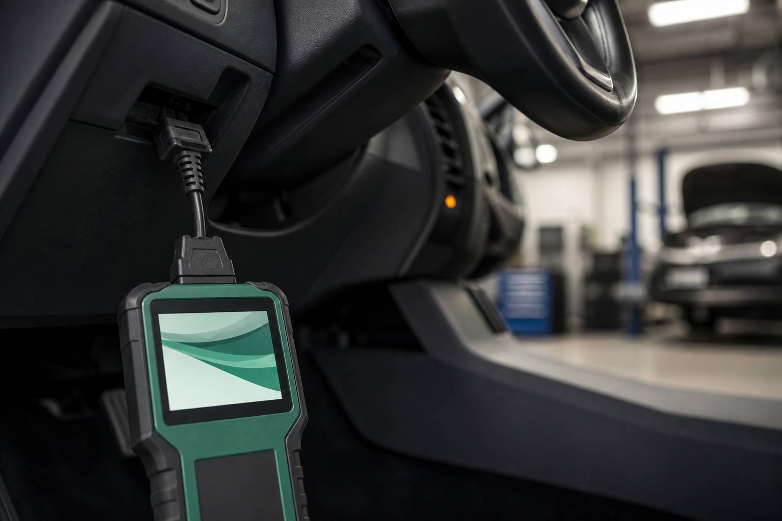 Appareil de diagnostic branché sur la prise OBD sous le volant