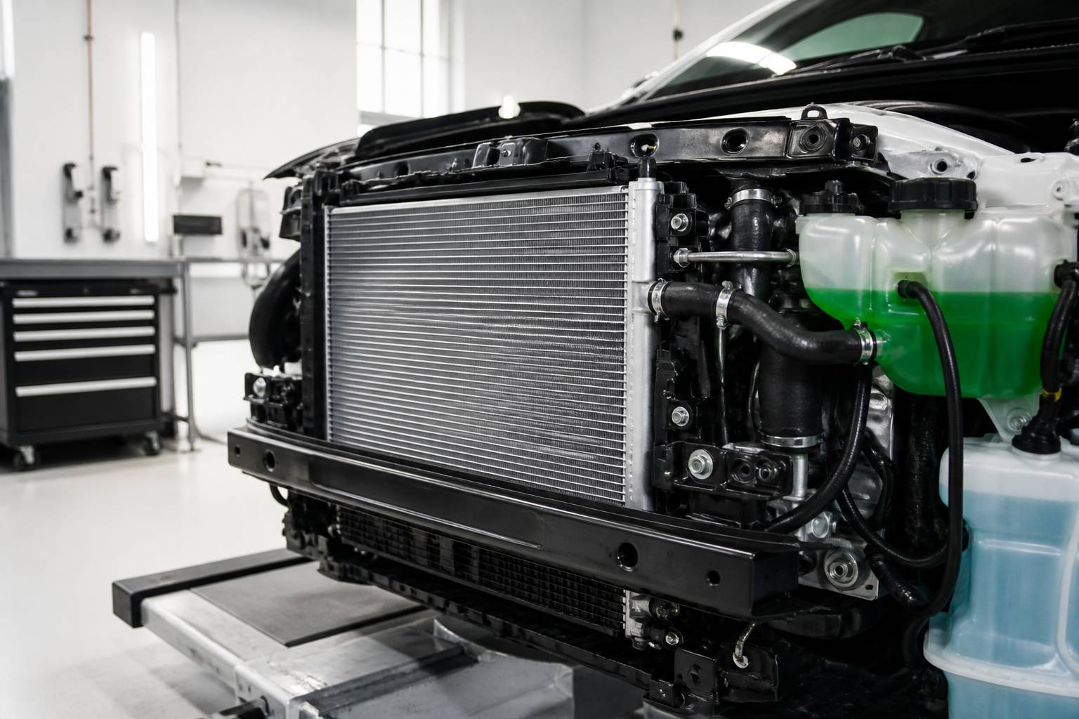 Radiateur de voiture et durites avec liquide de refroidissement visible