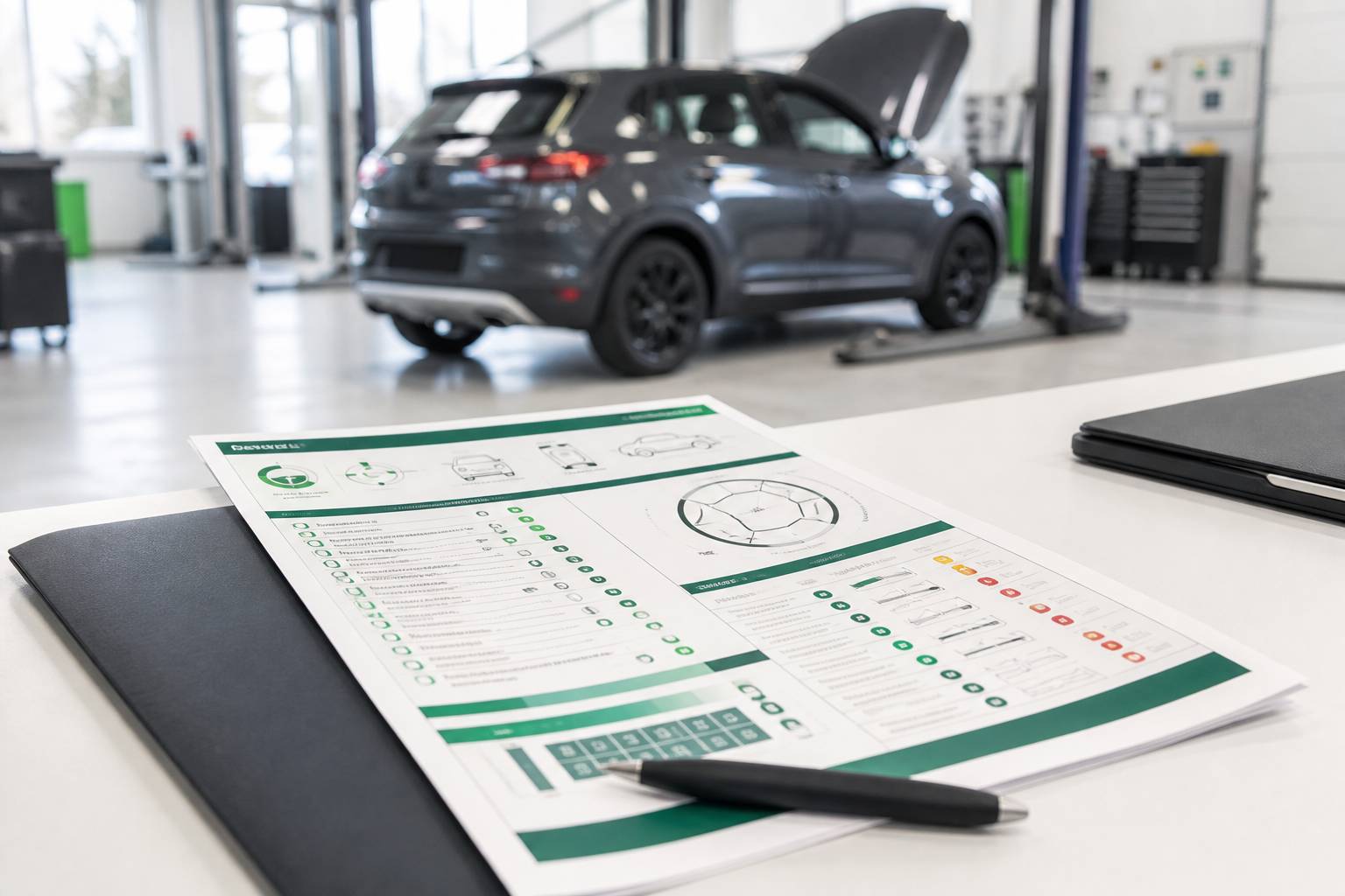 Rapport de contrôle technique avec défaillances posé sur un bureau