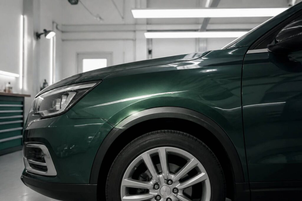 Aile de voiture avec rayure sur la peinture dans un atelier de carrosserie