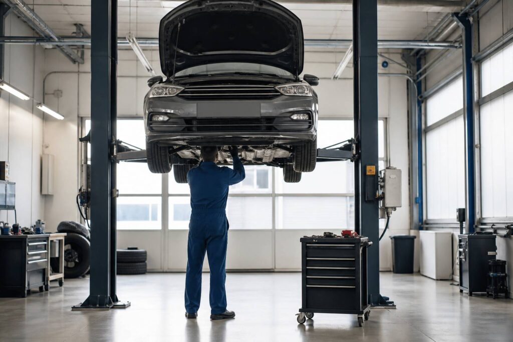 Voiture sur un pont élévateur dans un atelier, boîte de vitesses en cours de dépose