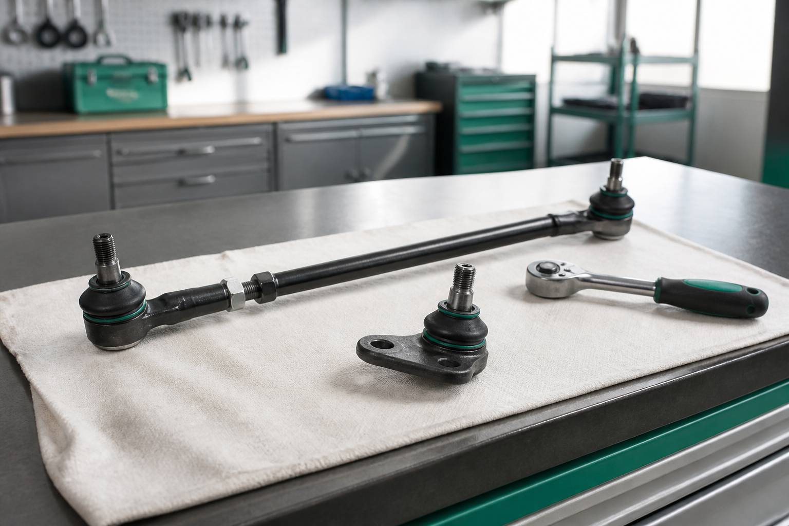 Biellette de direction et rotule de suspension sur établi d'atelier