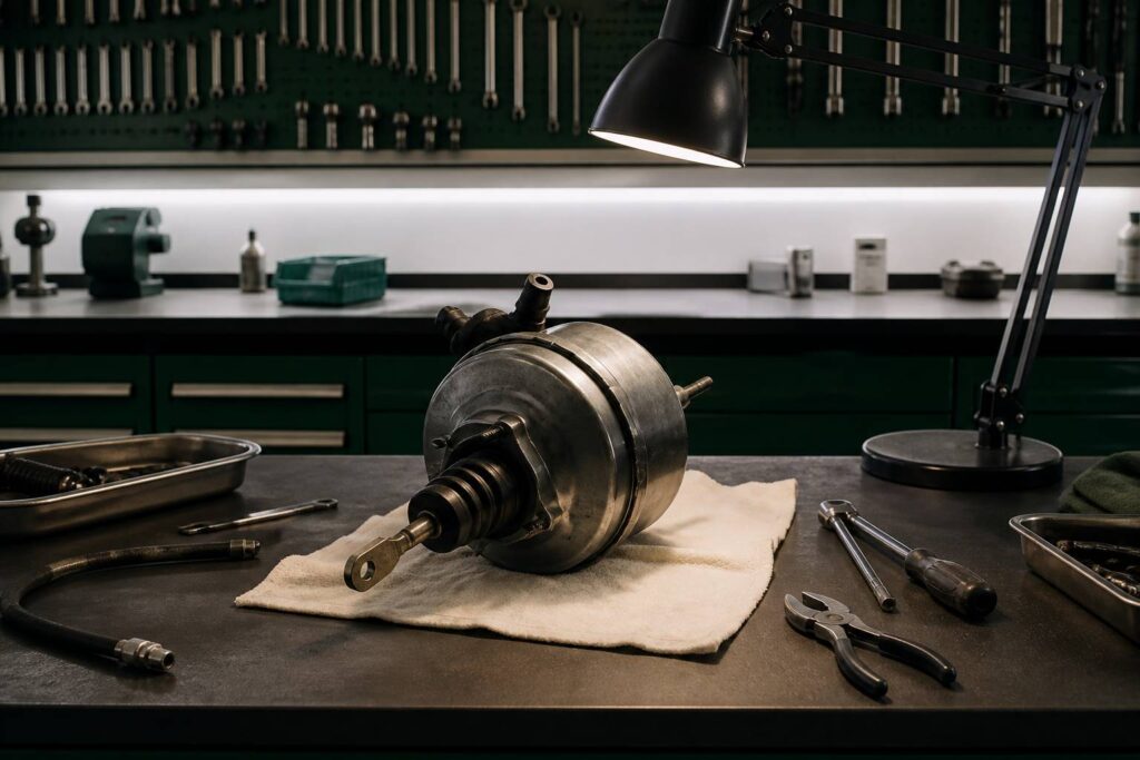 Servofrein cylindrique posé sur un établi de garage