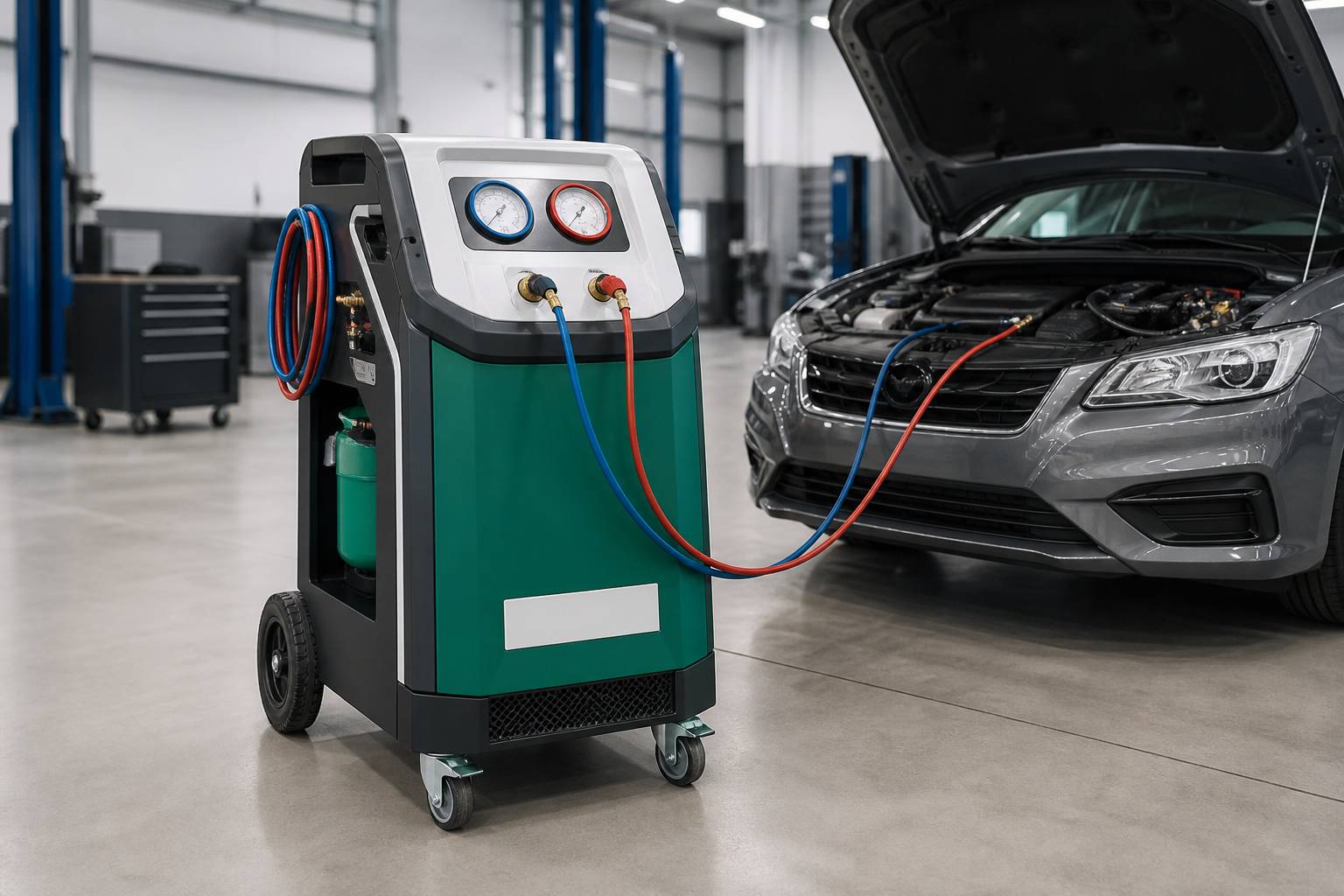 Station de recharge de climatisation avec manomètres près d'un véhicule