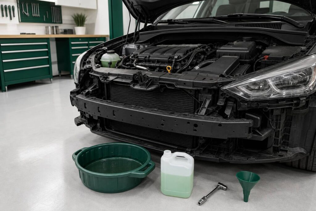 Moteur ouvert avec bocal de liquide de refroidissement en atelier