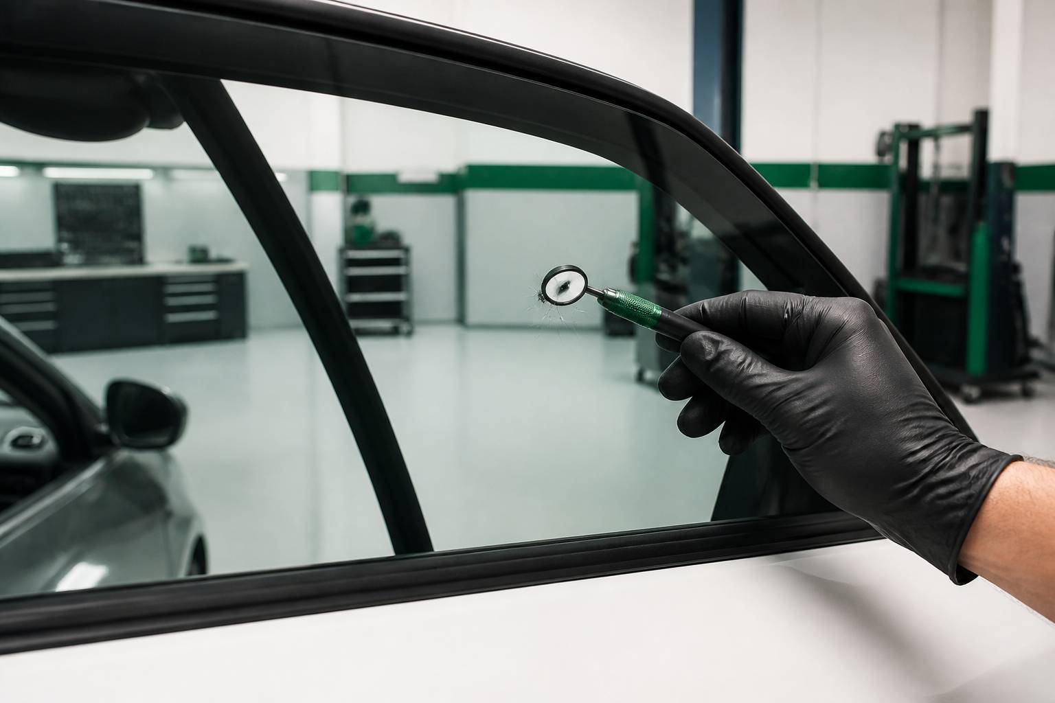 Vitre latérale de voiture avec impact examiné par une main gantée