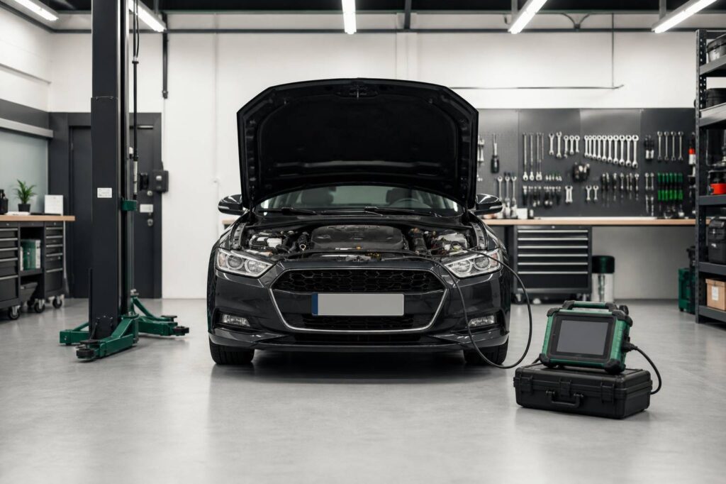 Atelier automobile avec voiture capot ouvert et valise de diagnostic