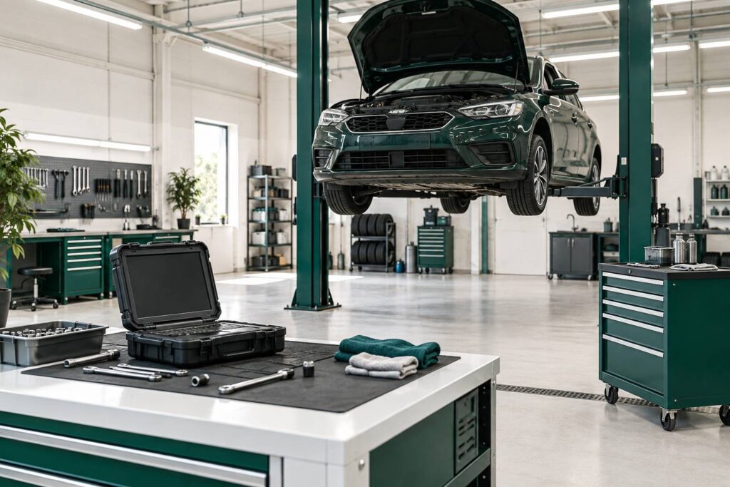 Atelier automobile propre avec voiture capot ouvert et valise de diagnostic