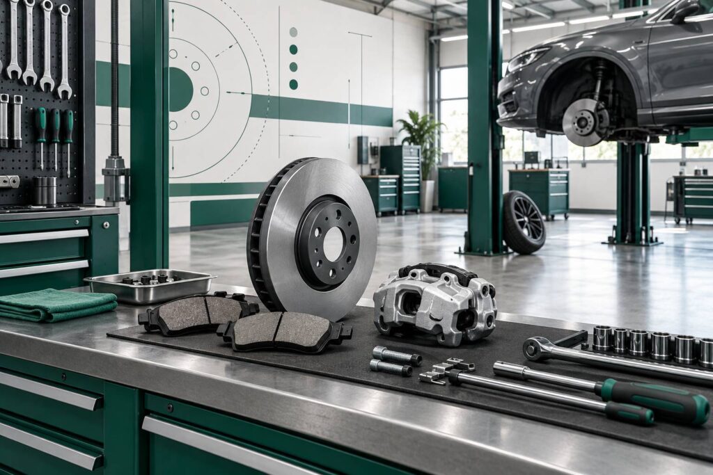 Atelier de garage avec plaquettes de frein neuves et disque posés sur un établi
