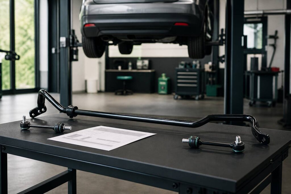 Barre stabilisatrice avec biellettes posée sur un établi de garage