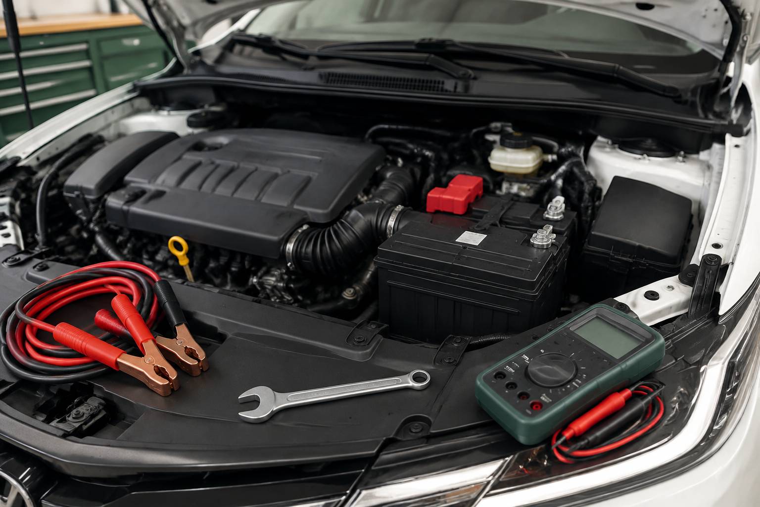 Batterie de voiture avec cosses métalliques et câbles de démarrage dans un compartiment moteur d'atelier